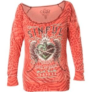 Sinful Woman’s Medium Coral Off-Shoulder Graphic Sweater With Heart Sequins